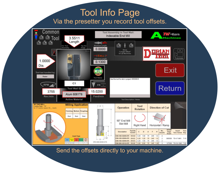 Tool Info Page Via the presetter you record tool offsets. Send the offsets directly to your machine.