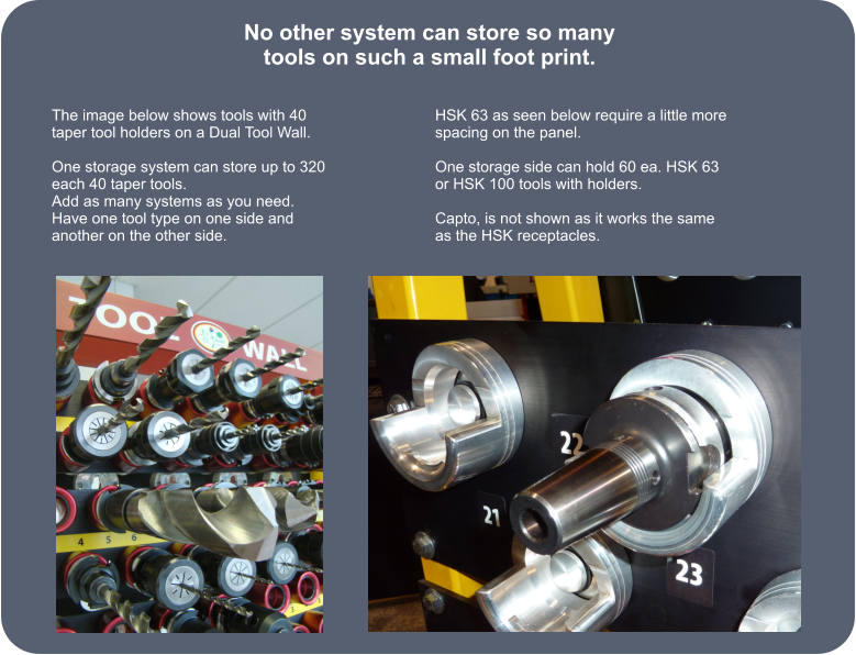 No other system can store so many tools on such a small foot print. The image below shows tools with 40 taper tool holders on a Dual Tool Wall.   One storage system can store up to 320 each 40 taper tools. Add as many systems as you need. Have one tool type on one side and another on the other side.   HSK 63 as seen below require a little more spacing on the panel.   One storage side can hold 60 ea. HSK 63 or HSK 100 tools with holders.  Capto, is not shown as it works the same as the HSK receptacles.