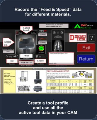 Create a tool profile and use all the active tool data in your CAM Record the Feed & Speed data for different materials.