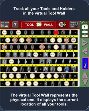 The virtual Tool Wall represents the physical one. It displays the current location of all your tools. Track all your Tools and Holders in the virtual Tool Wall
