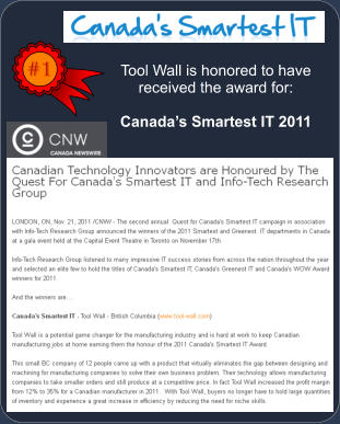 #1 Tool Wall is honored to have received the award for:  Canadas Smartest IT 2011