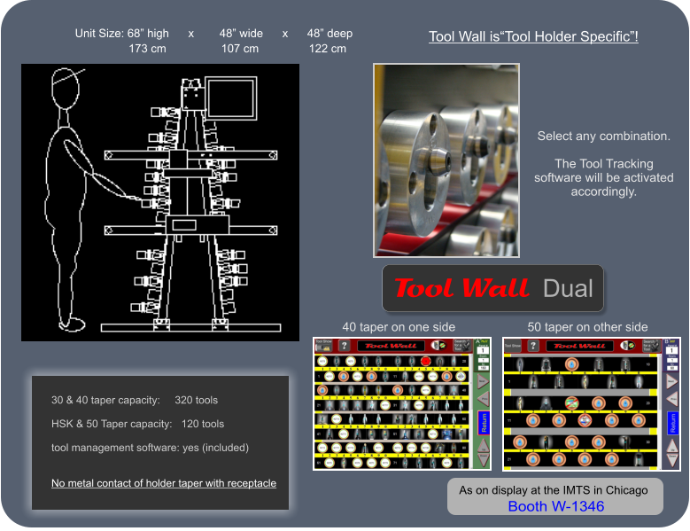 173 cm	        107 cm		    122 cm Unit Size: 68 high      x        48 wide      x      48 deep Tool Wall isTool Holder Specific!    Wall   Tool Dual 30 & 40 taper capacity:     320 tools   HSK & 50 Taper capacity:   120 tools  tool management software: yes (included)   No metal contact of holder taper with receptacle         Select any combination.  The Tool Tracking software will be activated accordingly. 40 taper on one side 50 taper on other side As on display at the IMTS in Chicago  Booth W-1346